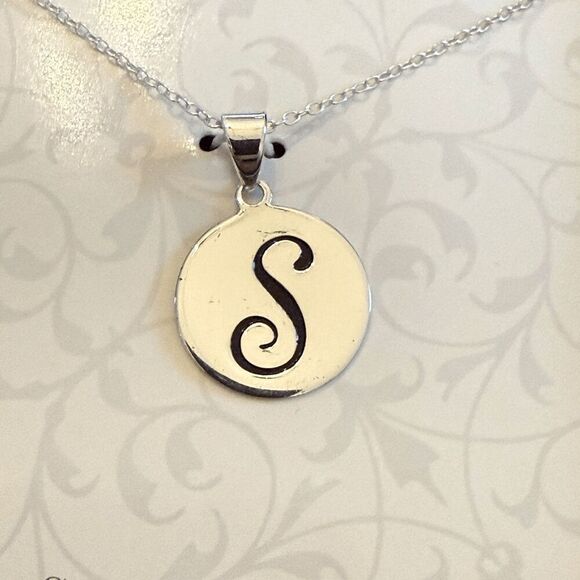Sterling Silver “S” Initial Necklace – Script Round Pendant New in Box - Picture 2 of 3